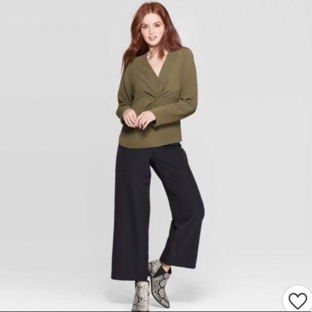 Prologue Olive Green Vneck Long Sleeve Blouse